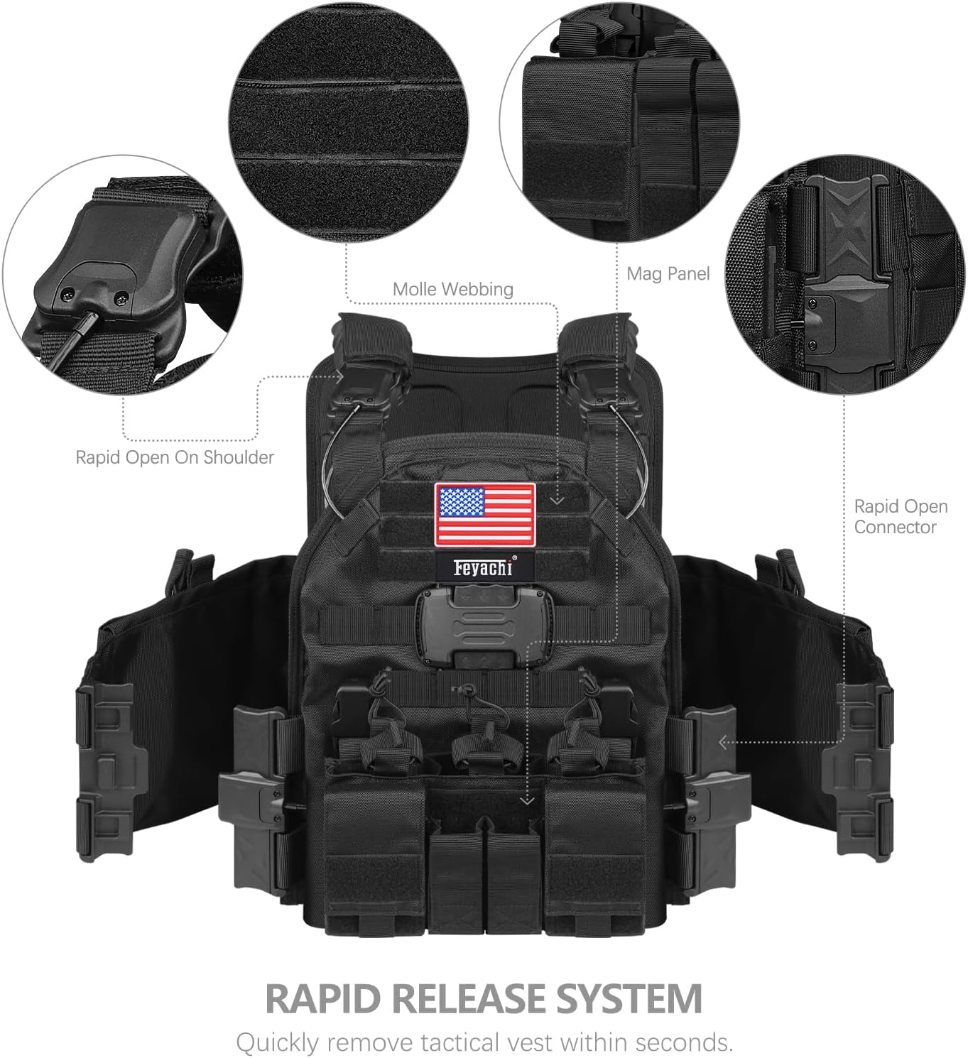 Feyachi TM-20 Magnetic Tactical Vest Airsoft Vest MOLLE System Multifunctional Quick Release Tactical Vest, Full Body Adjustable Magnetically Fixed One-Button Disassembly Vest