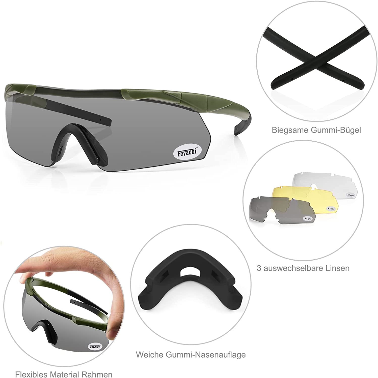Feyachi Schießbrille mit 3 austauschbaren Gläsern, schlagfester Augenschutz, verstellbar feyachi Black Armygreen Khaki Black-Armygreen-Khaki-